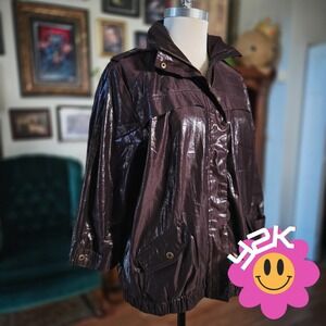 Chico's Windbreaker Jacket Brown Shiny Metallic Vintage‎ Y2K Womens Utility 2 L